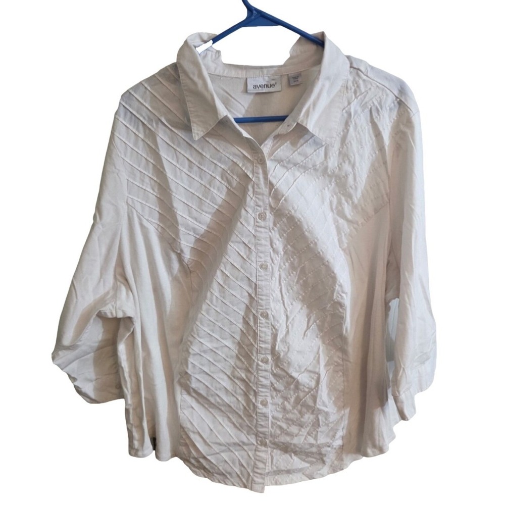 Avenue Womens White Pleated Front Button Up Blouse 3/4 Sleeve Plus Size 26/28